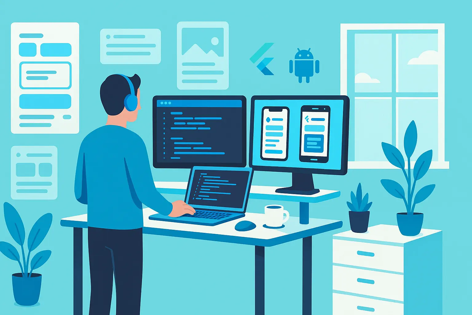 Developer infront of a laptop, coding