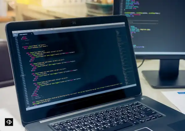 Shows two screens code editor and chat
