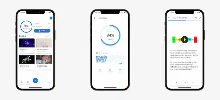 Drei iPhones mit Deckübersicht, Lern-Erfolg und Lernen einer Karteikarte
