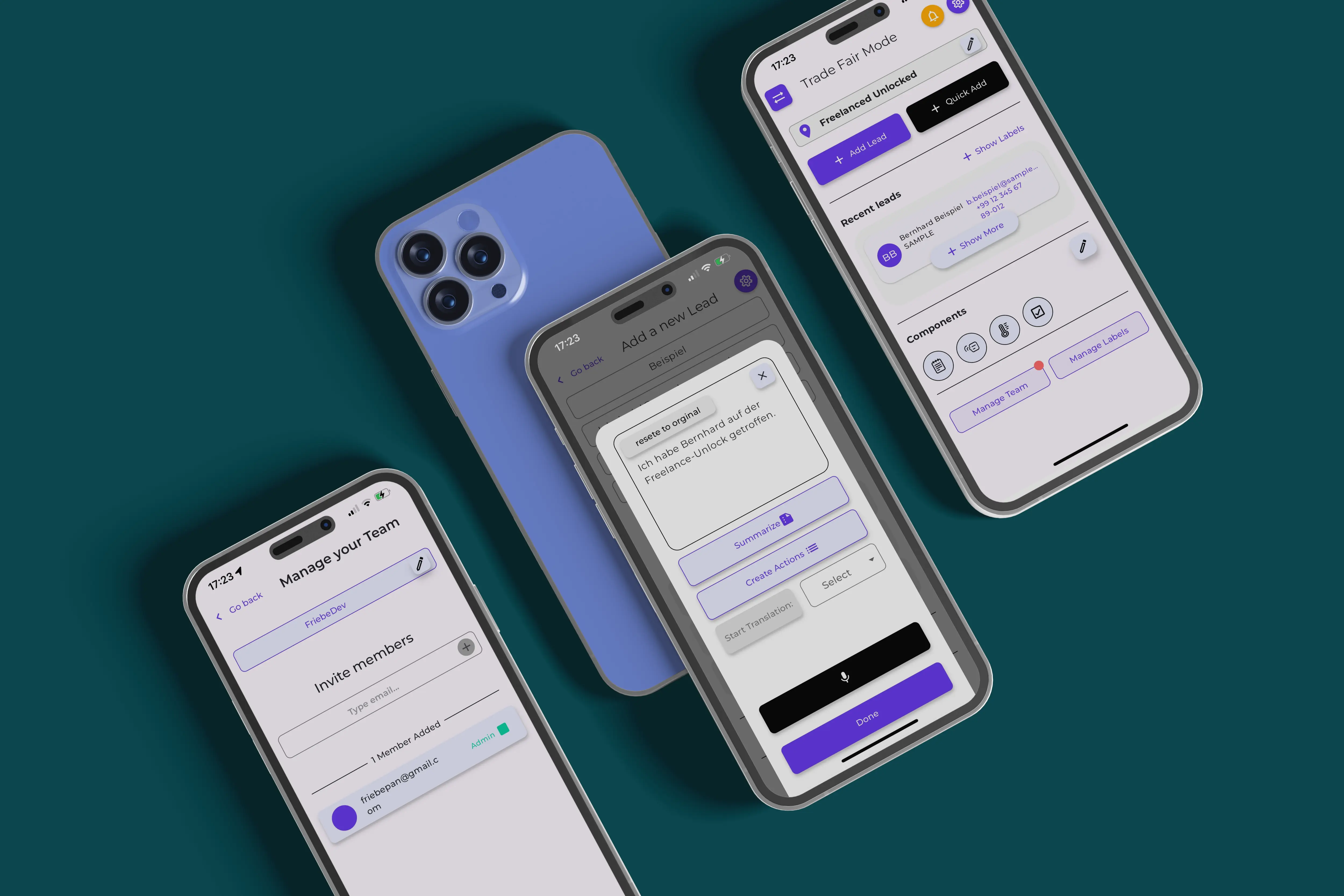 Screenshot der KI-gestützten Messe-App RainConnect mit verschiedenen Features wie Visitenkartenscan, Spracherkennung und Echtzeit-Synchronisation